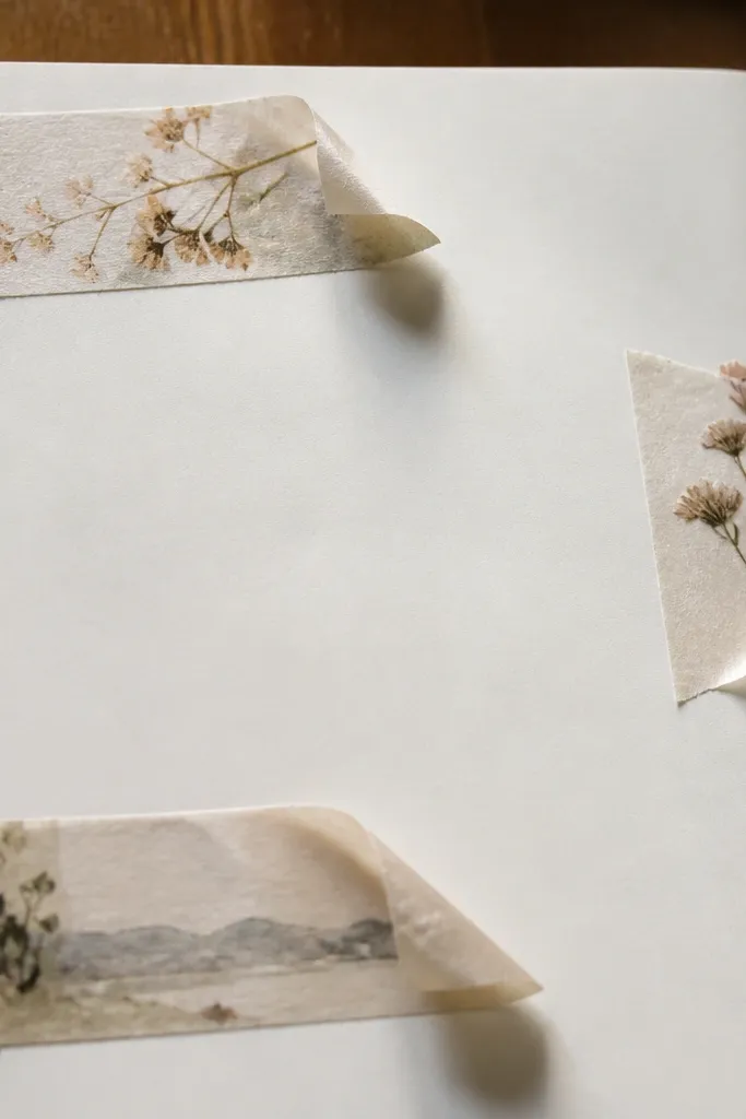 A diary page where edges of washi tape are lifted and slightly bubbled, with a faint shadow showing trapped air under the tape.