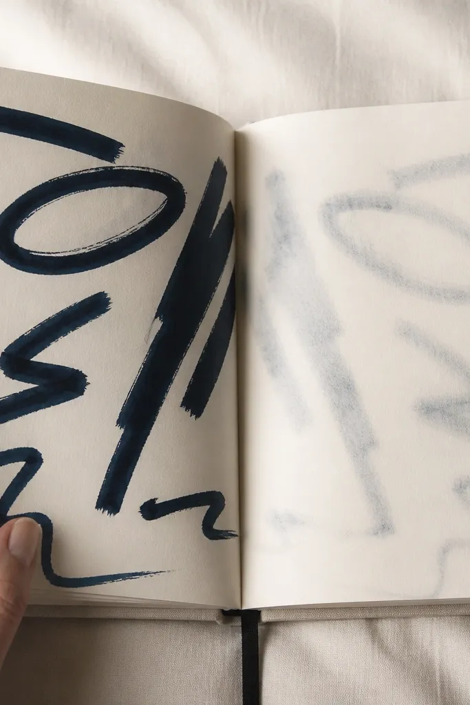 A diary spread where bold marker lines have bled through to the next page, creating visible dark patches on the back side.