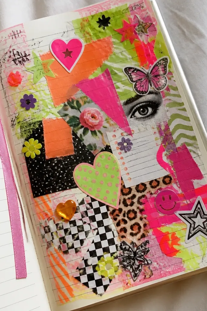 A diary page with pink, neon green, bright orange, and multiple competing fonts and sticker colors, making the composition feel chaotic.