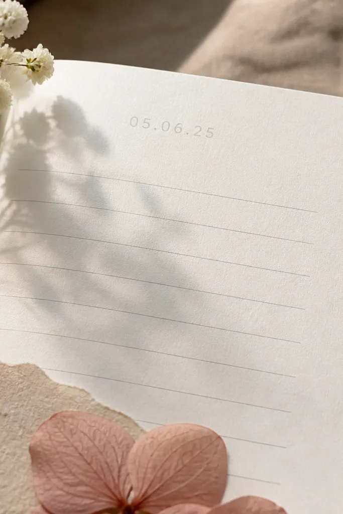 A diary page where the date is written in light gray on a light background, partially covered by decorative elements.