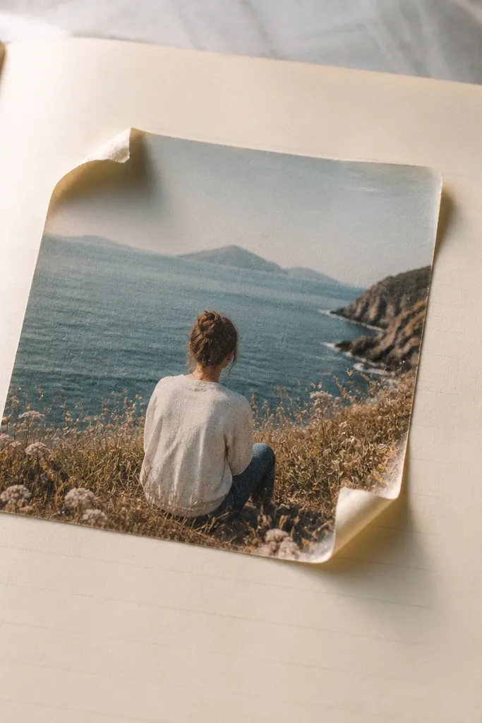 A diary page with a small printed photo; the corners are lifting and curling upward, showing adhesive edges and paper separation.