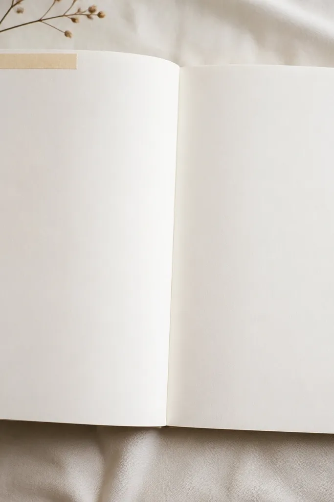 A minimalist spread where only the top-left corner has a strip of beige washi tape forming a small L-shape. The rest of the page is clean with black handwriting and plenty of white space.