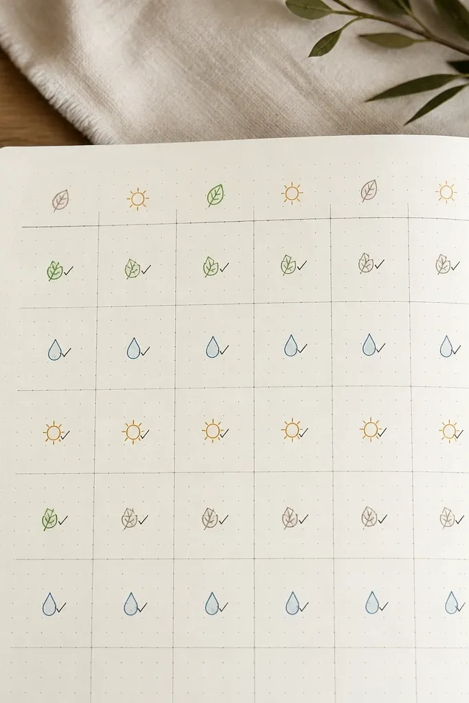 A weekly page with a neat dotted grid. Each day is labeled along the top. In each cell, tiny repeated icons (a small leaf, a drop, a sun) are stamped or drawn in a single color, with check marks in filled cells.
