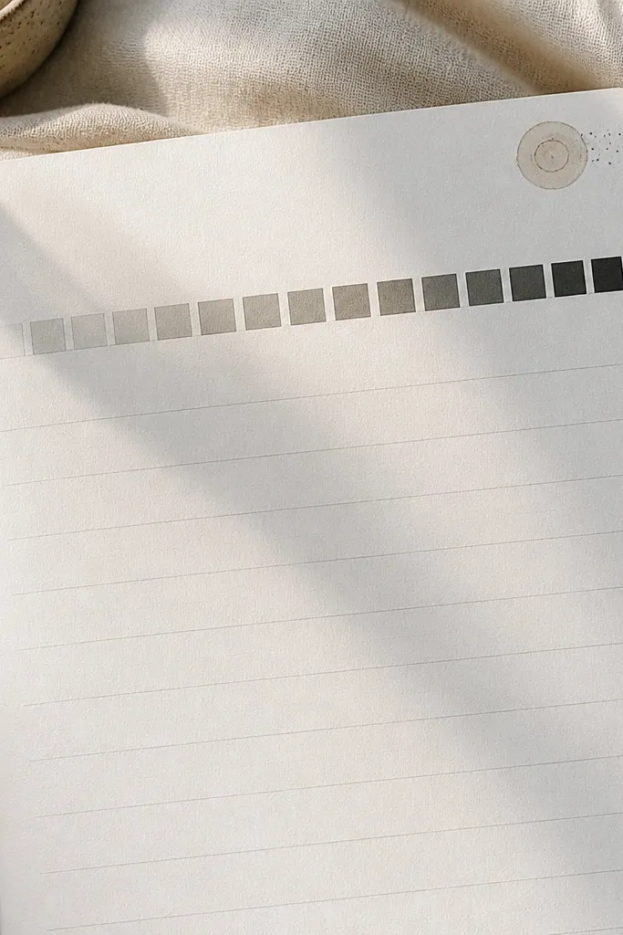 A page with a horizontal mood bar at the top. Each day has a small rectangle filled with increasing darkness from light to dark. The date is written beside a small stamp mark in the corner.