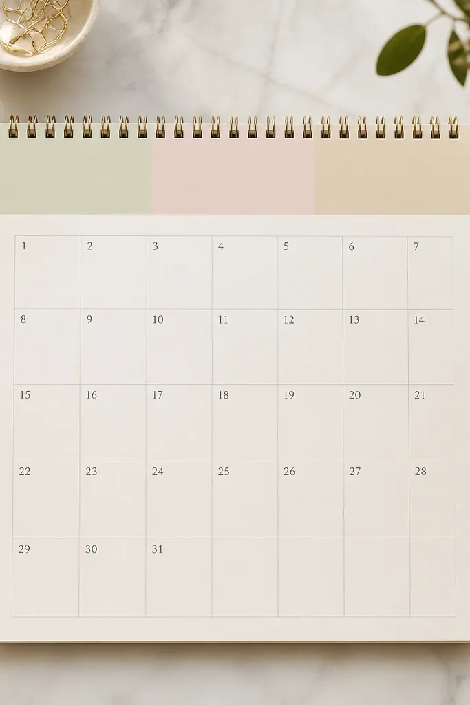 At the top of a month planner page, there’s a horizontal strip divided into three equal color blocks. The blocks are pale sage, soft blush, and warm beige. The calendar grid below stays mostly blank with small date numbers.