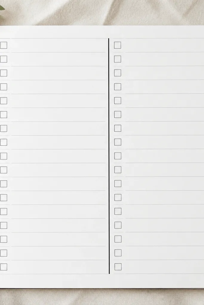 A page with two vertical columns of checkboxes. The column separators alternate between thin gray and thicker black lines. Each task line has a checkbox aligned perfectly to the left edge.