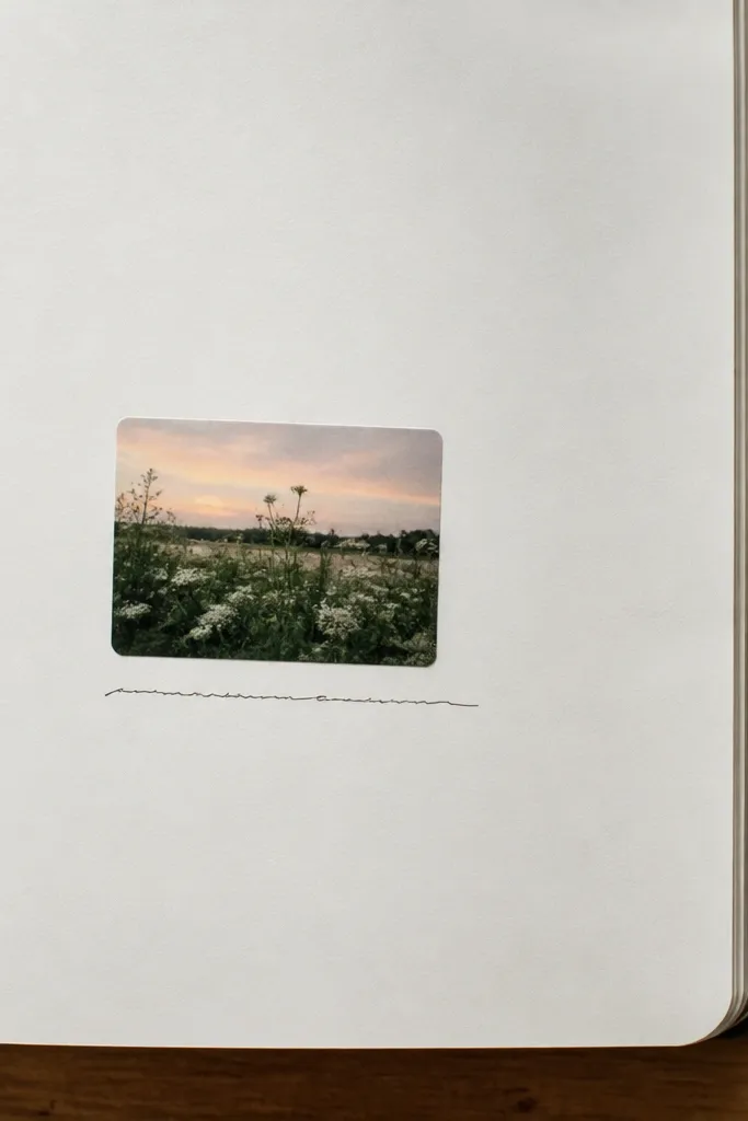 A clean diary page with a single small rectangle sticker placed slightly off-center. Under it, a one-line caption in neat handwriting sits aligned with the left edge of the sticker.