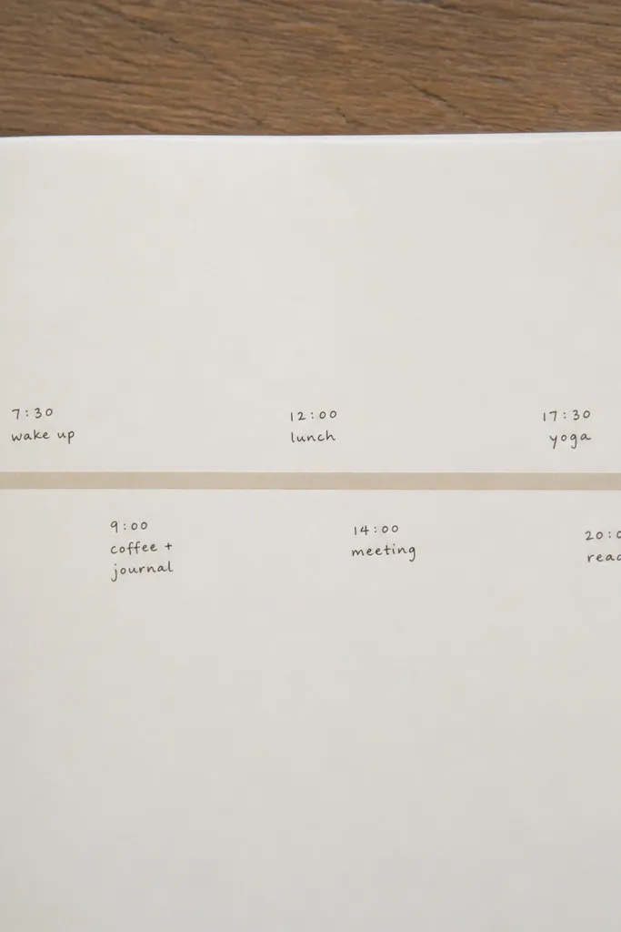 A diary page with a straight thin tape strip running horizontally across the center. Small handwritten times or events are placed above and below the tape, with lots of blank space around them.