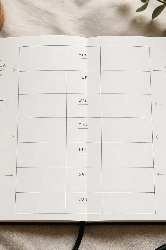 A weekly review spread split into a tidy grid. The center has short weekly headings. The outer margins contain small margin notes with arrows pointing into the grid. Colors are limited to black, gray, and one muted accent.