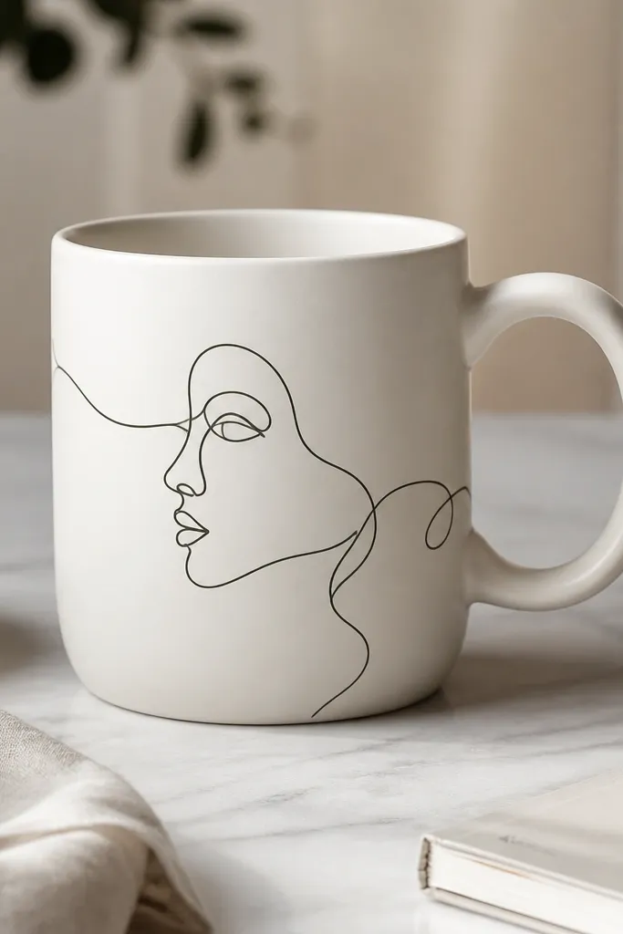 A matte off-white mug with a single continuous black line drawing wrapping around the mug like a contour sketch, ending near the handle.