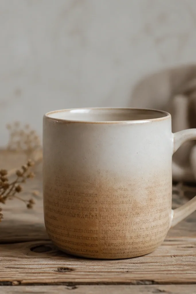 A light beige mug with a soft ombre gradient: faint book text at the bottom fading upward into blank ceramic, with a warm coffee-stain tone.