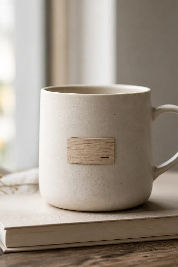 A pale neutral mug with a small rectangular “label” on the front, resembling a woodgrain tag, with tiny off-center type-like markings.