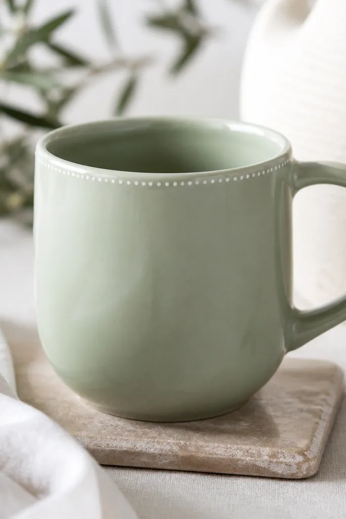 A sage green mug with a thin border of tiny white micro-dots along the rim line, and otherwise fully blank surface.