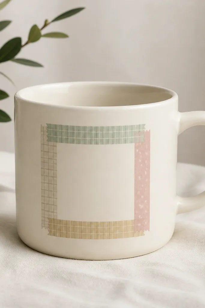 A cream mug with a simple rectangular washi tape frame on the front, leaving the center unpainted and showing the original ceramic color.