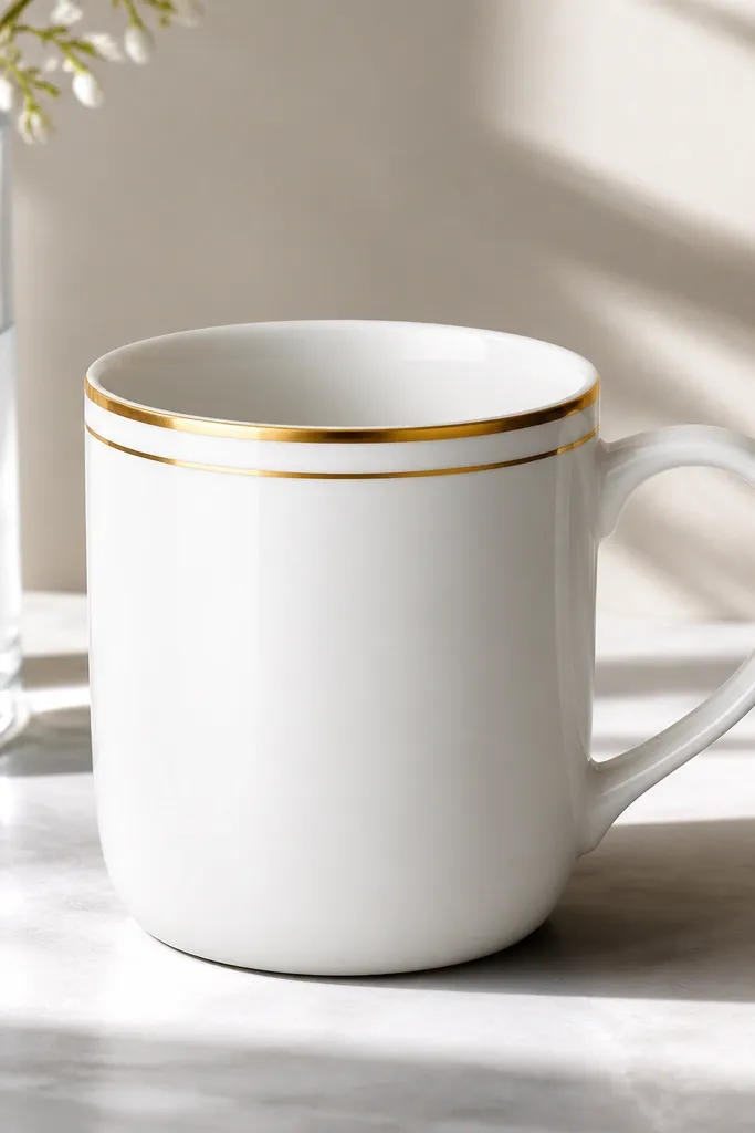 A plain white mug with a thin metallic gold line around the rim, and a second thinner gold line slightly below it.