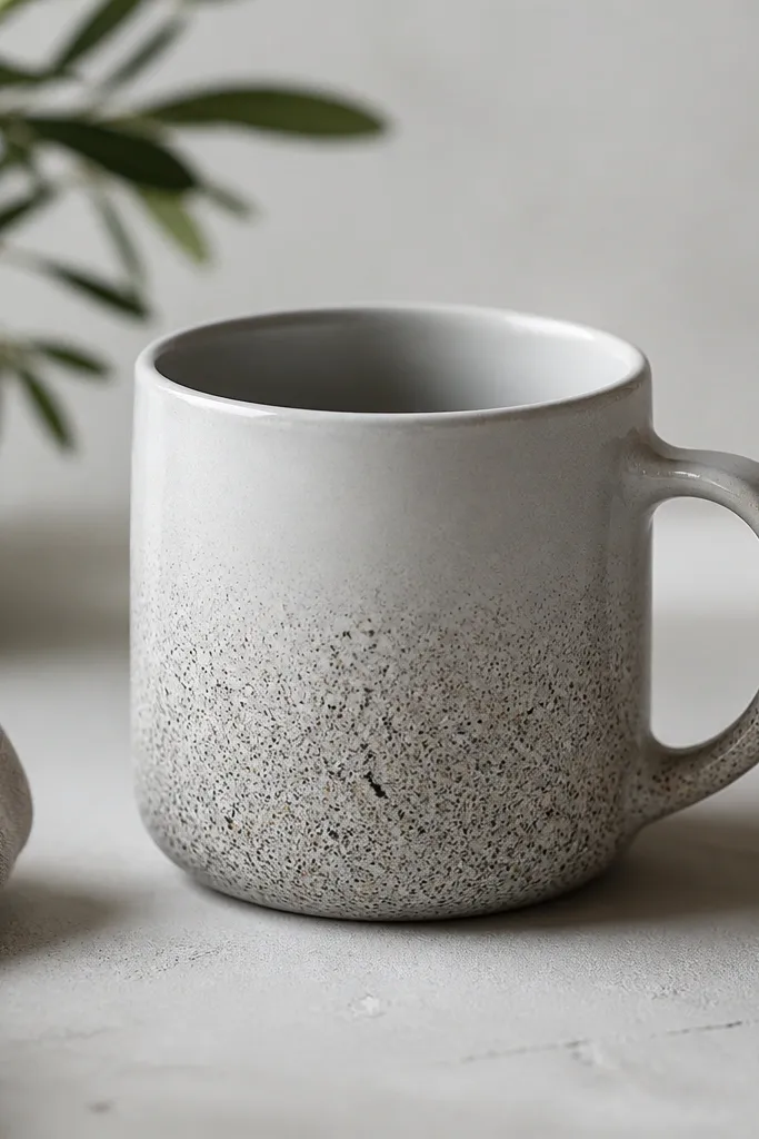 A light gray mug with the bottom half covered in fine speckles like concrete aggregate, fading into smooth top ceramic.
