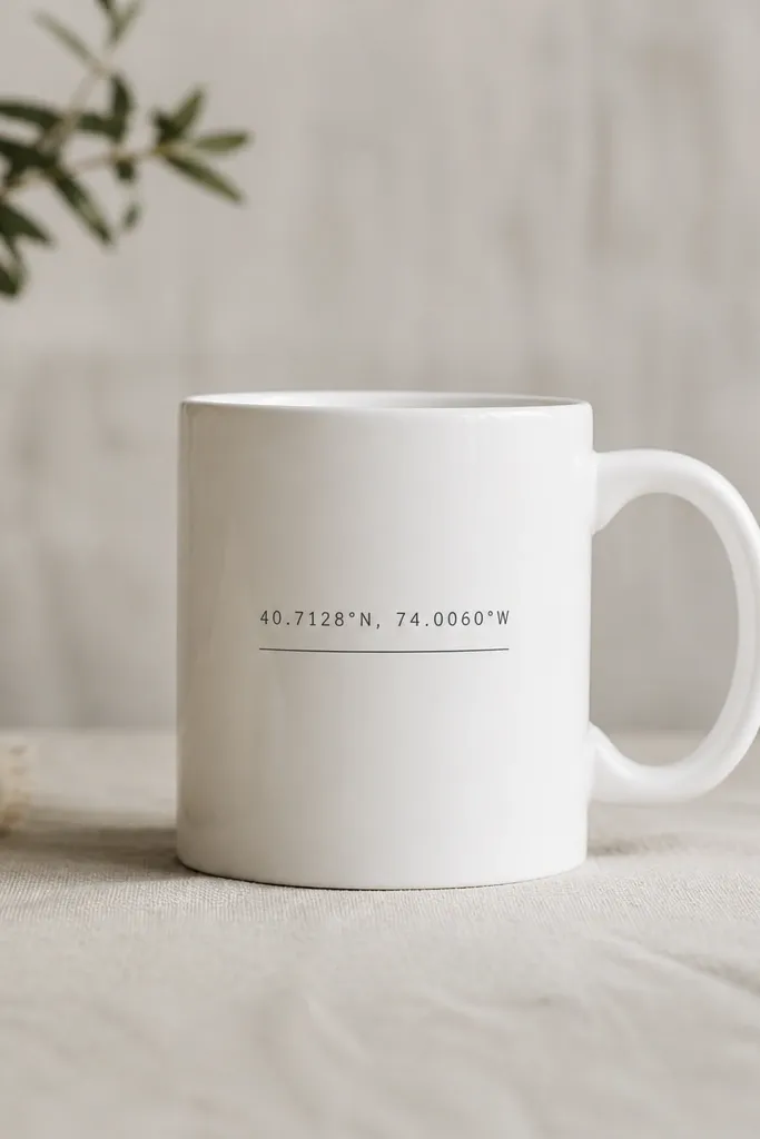 A white mug with a minimalist stencil of coordinate-like numbers and a thin horizontal line, centered on the front, with lots of empty space around it.