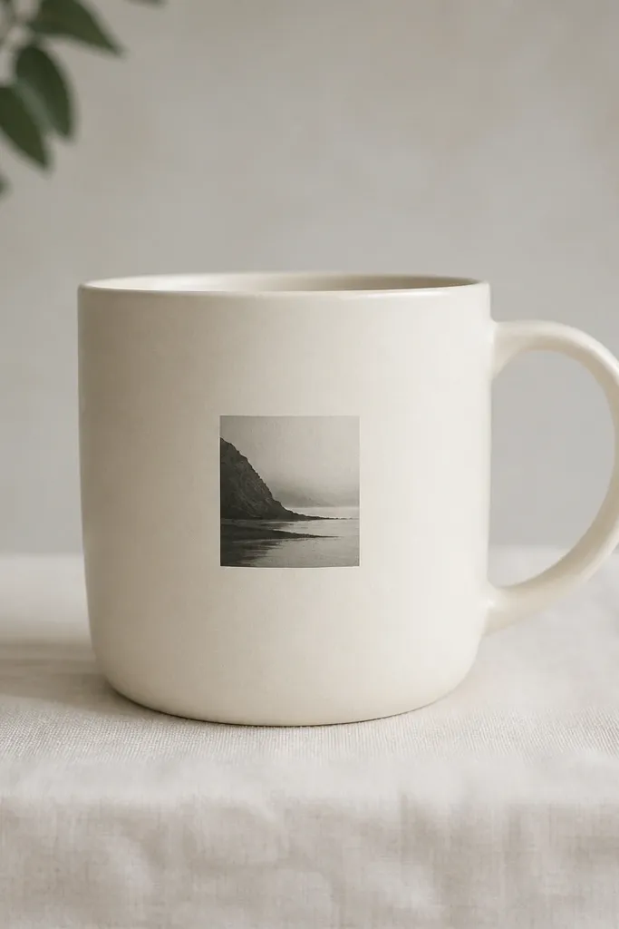 A cream mug with one small monochrome square photo (like a tiny landscape) placed on the front center, with the rest entirely blank.