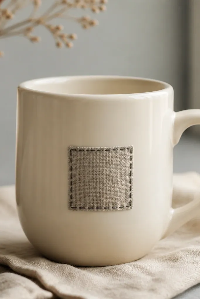 A glossy cream mug with a single small patch of linen-textured fabric on the front, stitched-look edges painted in dark gray.