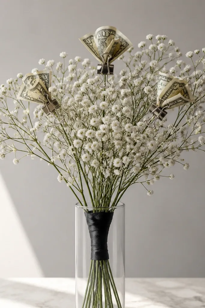 A clear glass vase holding long stems wrapped with thin black satin ribbon; only a few bills are folded into small rosettes and clipped with silver binder clips at the top.