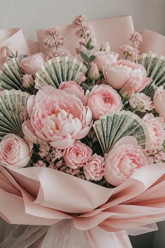 Soft blush-pink wrapping paper with a bouquet of pale pink faux flowers; several bills are folded into fan shapes and tucked between petals like layered accents.