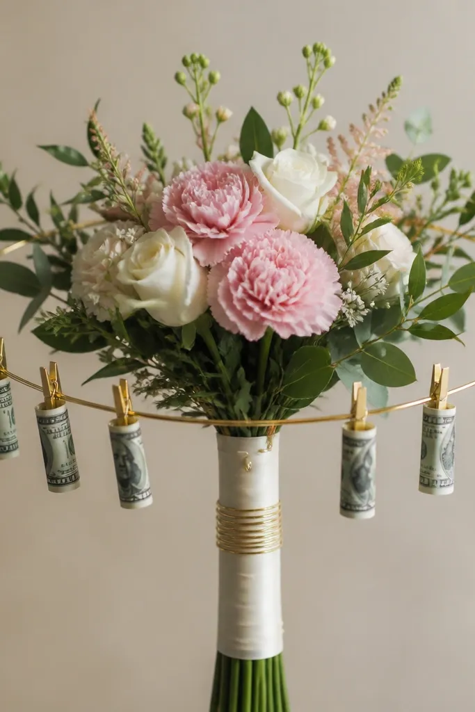 A bouquet with a gold wire loop orbiting around a central wrapped handle; money is folded into small cylinders and clipped along the loop with tiny gold clothespins.