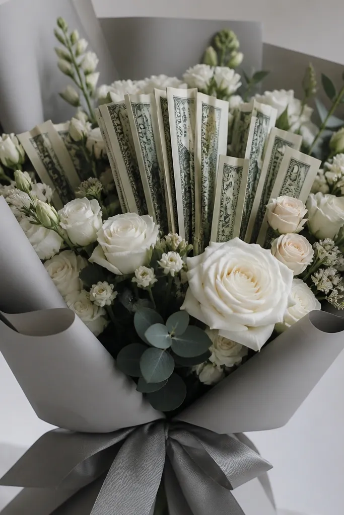 Matte concrete-gray wrapping around a bouquet handle; bills are cut into straight strips only at the fold lines (no tearing), then layered vertically like modern slats.