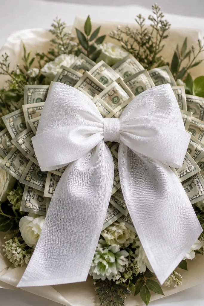 A white linen bow on top of a bouquet; bills folded into small square lattice shapes are arranged around the center like a geometric halo.