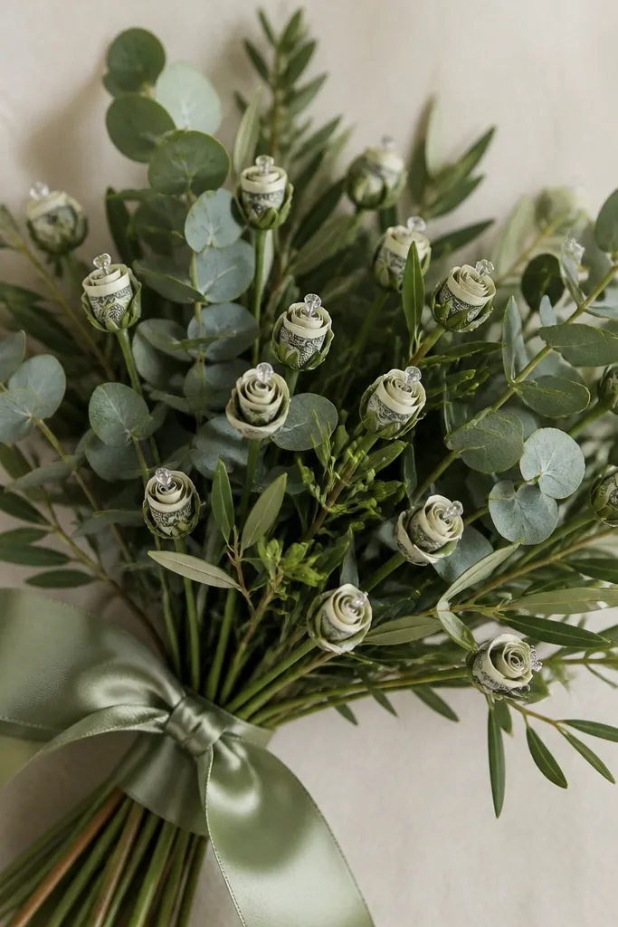Satin sage ribbon wrapping a bundle of greenery; tiny rolled money “pearls” are dotted along the stems, each one secured with a small dot of hot glue and a clear bead accent.