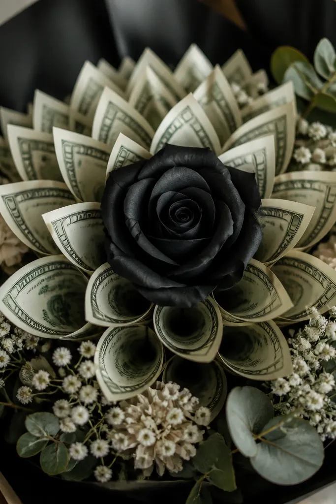 A matte black paper rose at the center of a bouquet; several bills are folded into slim petals and arranged like flower layers around the black rose.