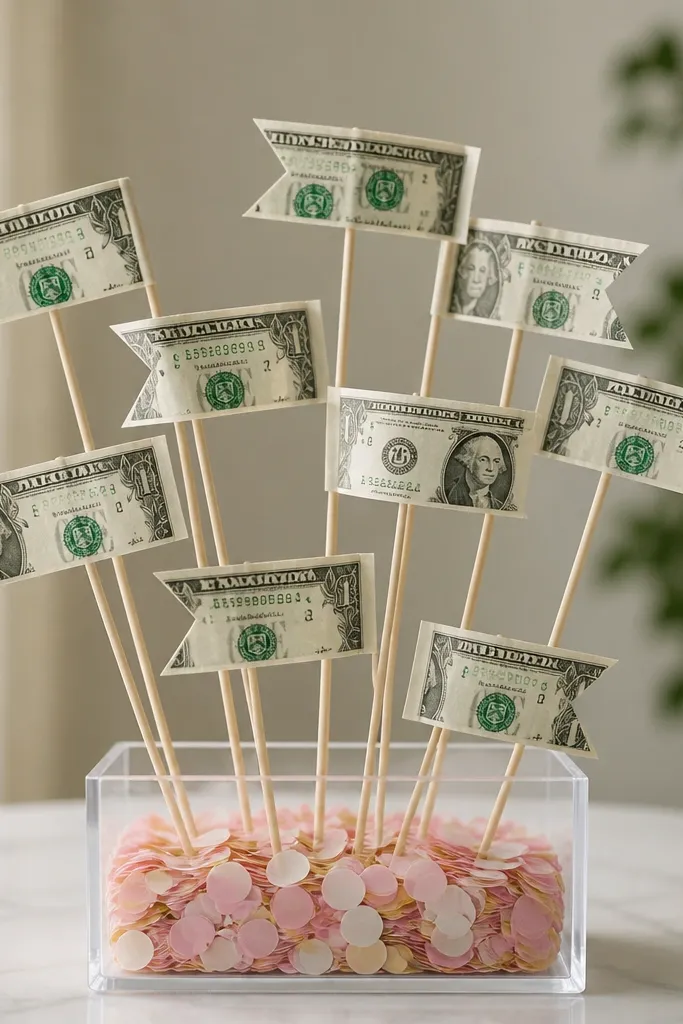 A clear acrylic box base filled with faux confetti; attached to thin sticks are small money tags folded into rectangles with pointed ends.