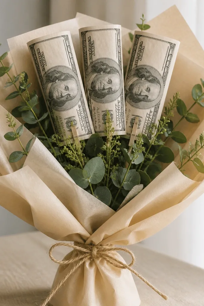 Cream kraft wrapping with only a few green sprigs; three large bills are folded into long rectangles and pinned like statement accents at the top.