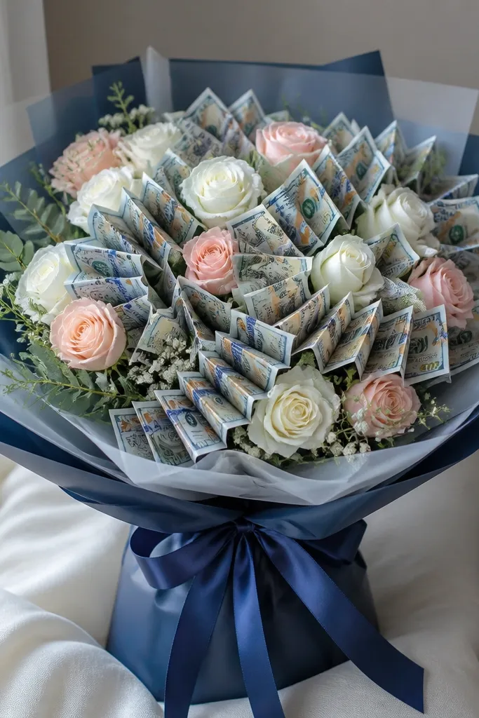 A bouquet wrapped in navy ombre ribbon; bills are folded into accordion strips and fanned outward like small waves.