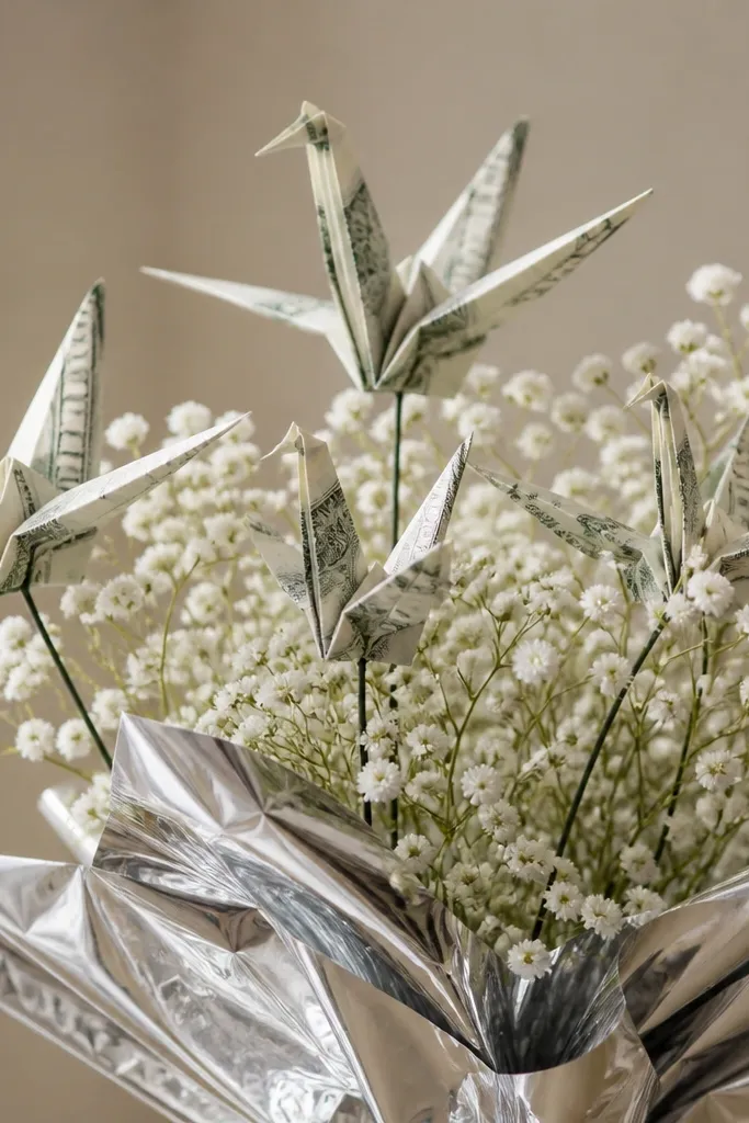 Silver foil wrapping with a few crane-shaped bill origami perched on thin stems, surrounded by tiny white filler flowers.