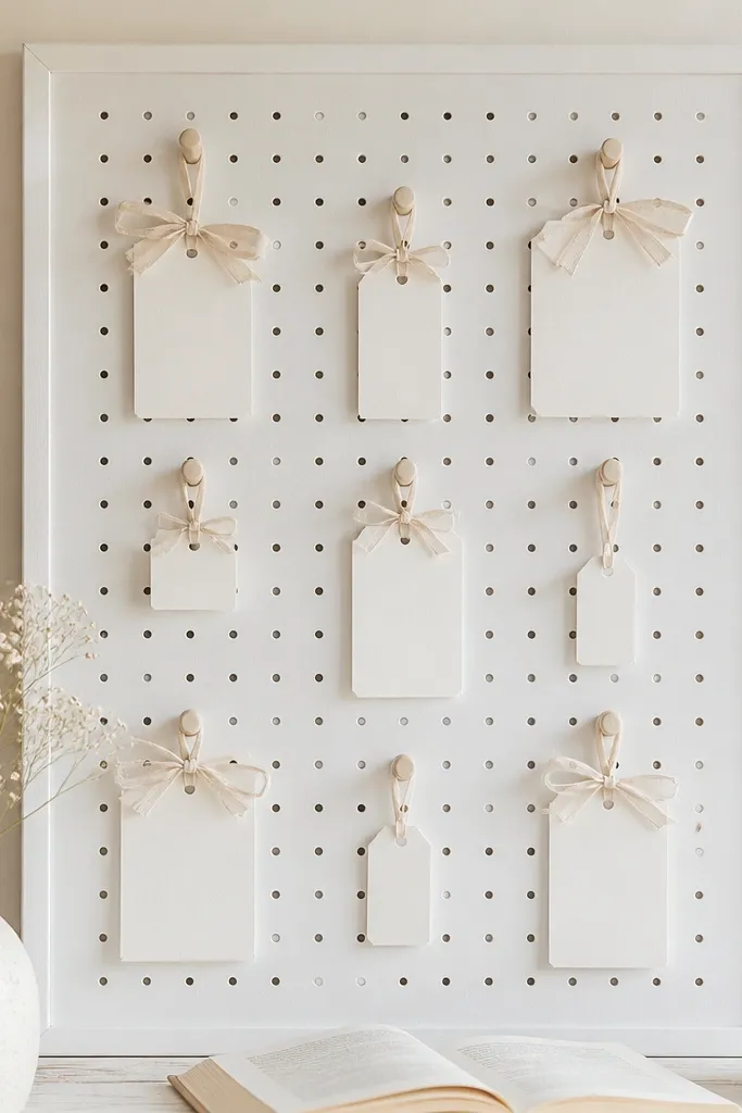 A white pegboard prayer board with linen ribbon tied around small pegs, holding prayer cards and tiny tags; everything looks aligned and airy with lots of negative space.