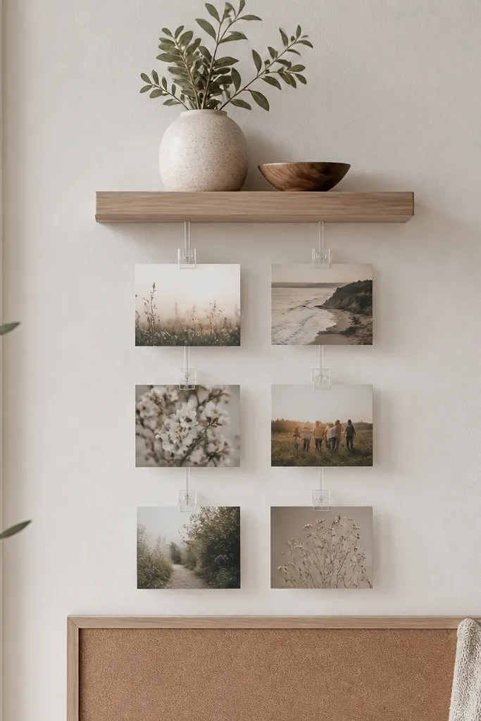 A small floating shelf above a prayer board area, with two thin clear acrylic clip strips holding three cards each; the background is matte off-white and the clips create clean vertical lines.