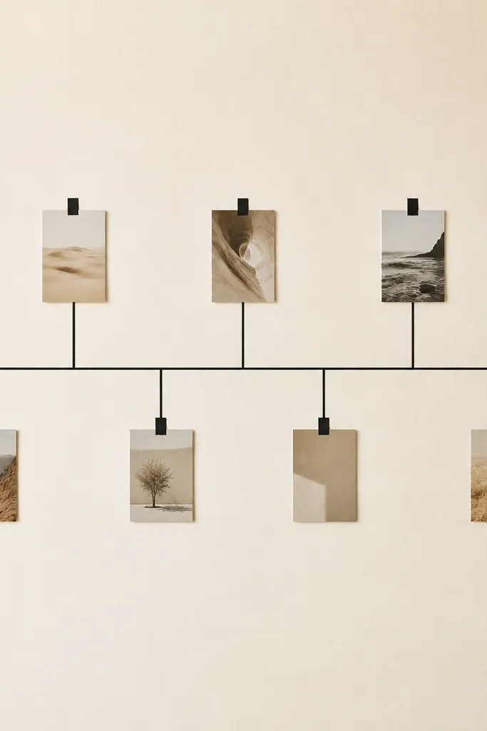 A plain cream board with thin black wash tape lines forming a simple map-like grid, with seven small cards taped neatly in columns; lots of empty space remains around the grid.