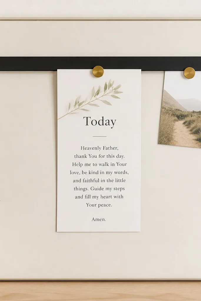 A black magnetic strip on a cream board holding one centered “Today” prayer card with a smaller secondary card to the side; the rest of the board is blank and clean.