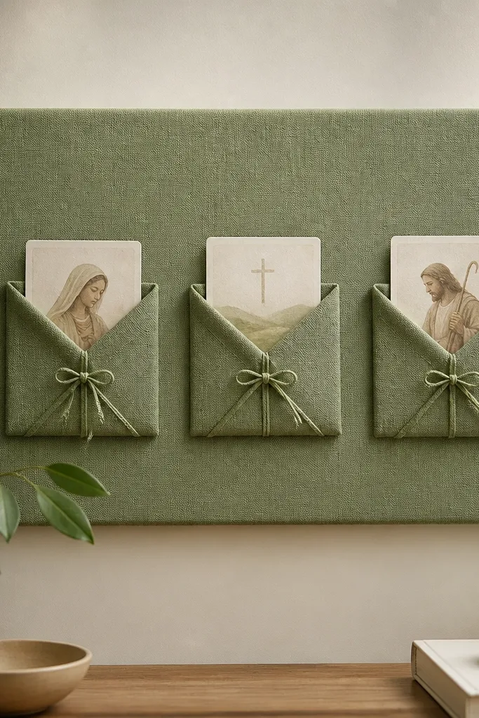 A sage-green fabric-covered board with three small removable fabric pockets (like envelopes) aligned horizontally; each pocket holds a prayer card and is secured with simple ties.