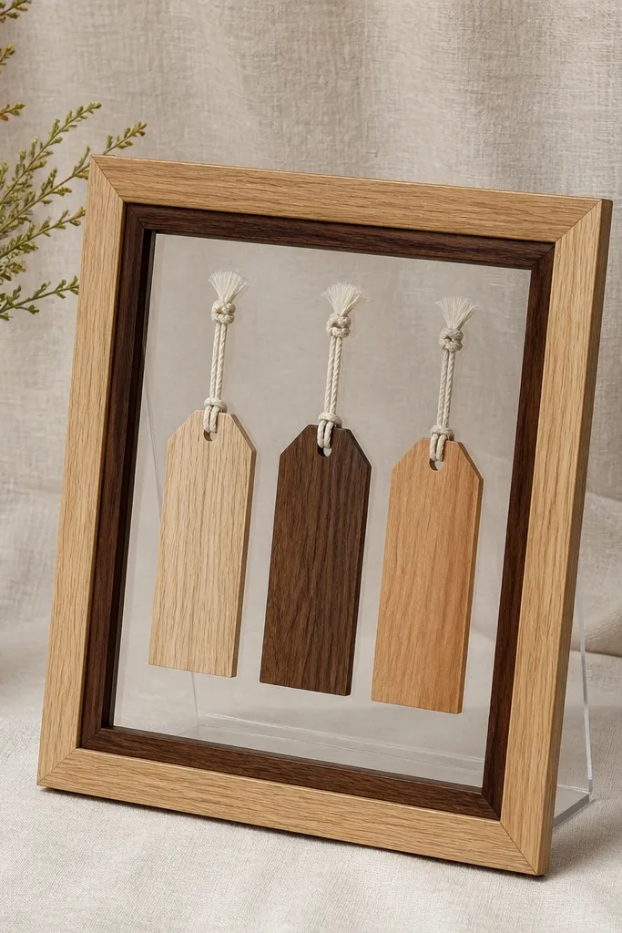 A two-tone wood frame (light oak with a darker inner border) holding a clear acrylic stand-up display with three prayer tags; the background is textured light linen.