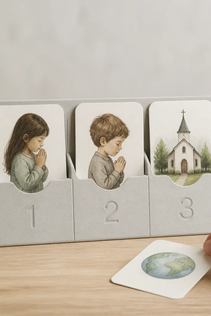 A small prayer board with a 1-2-3 numbered row of card slots, using light gray cardstock dividers and a soft neutral background; kids’ prayer cards slide in and out easily.