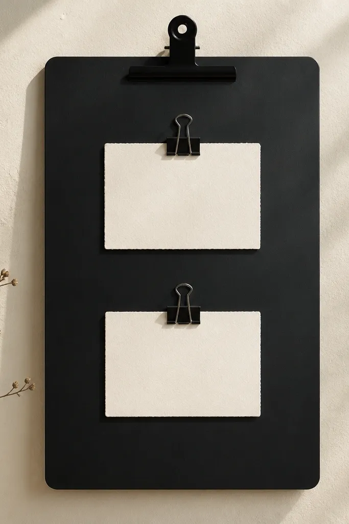 A matte black clipboard-style board on a wall with two binder clips holding small cards; each card has one-line prompts in a light serif font and plenty of empty border around them.