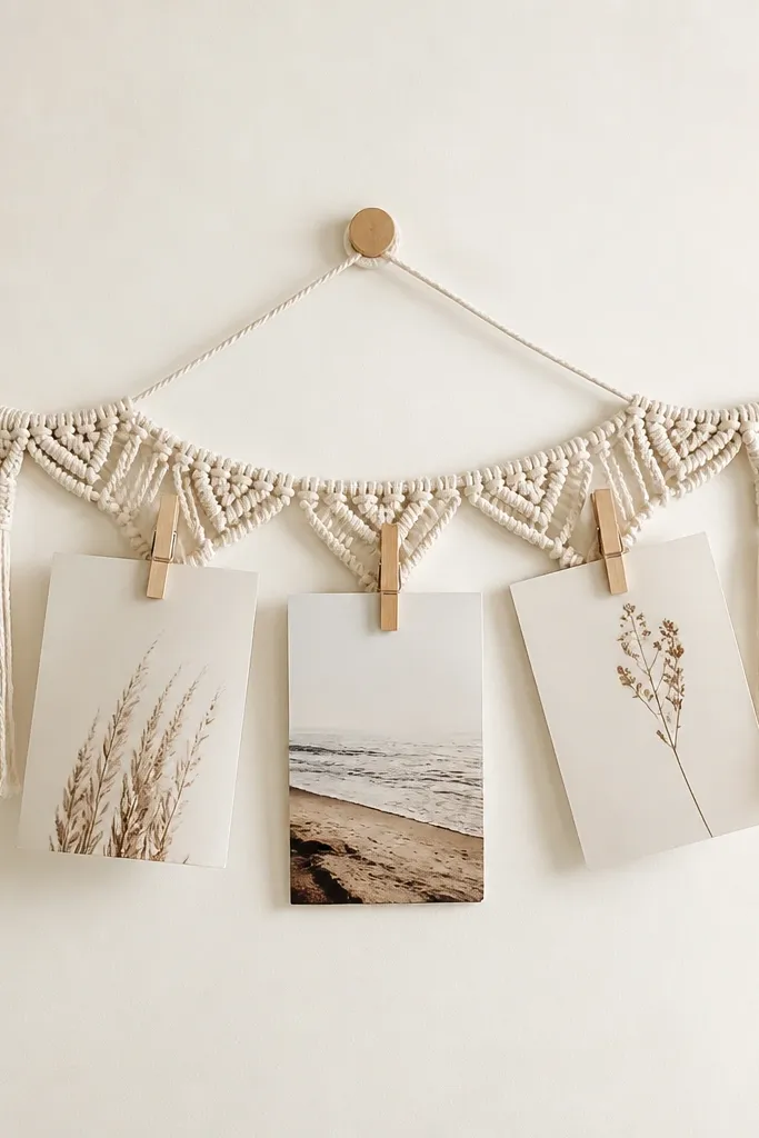 A neutral macramé cord hanging from a small wall hook, with three cards attached by wooden clothespins; the board background is warm white and uncluttered.