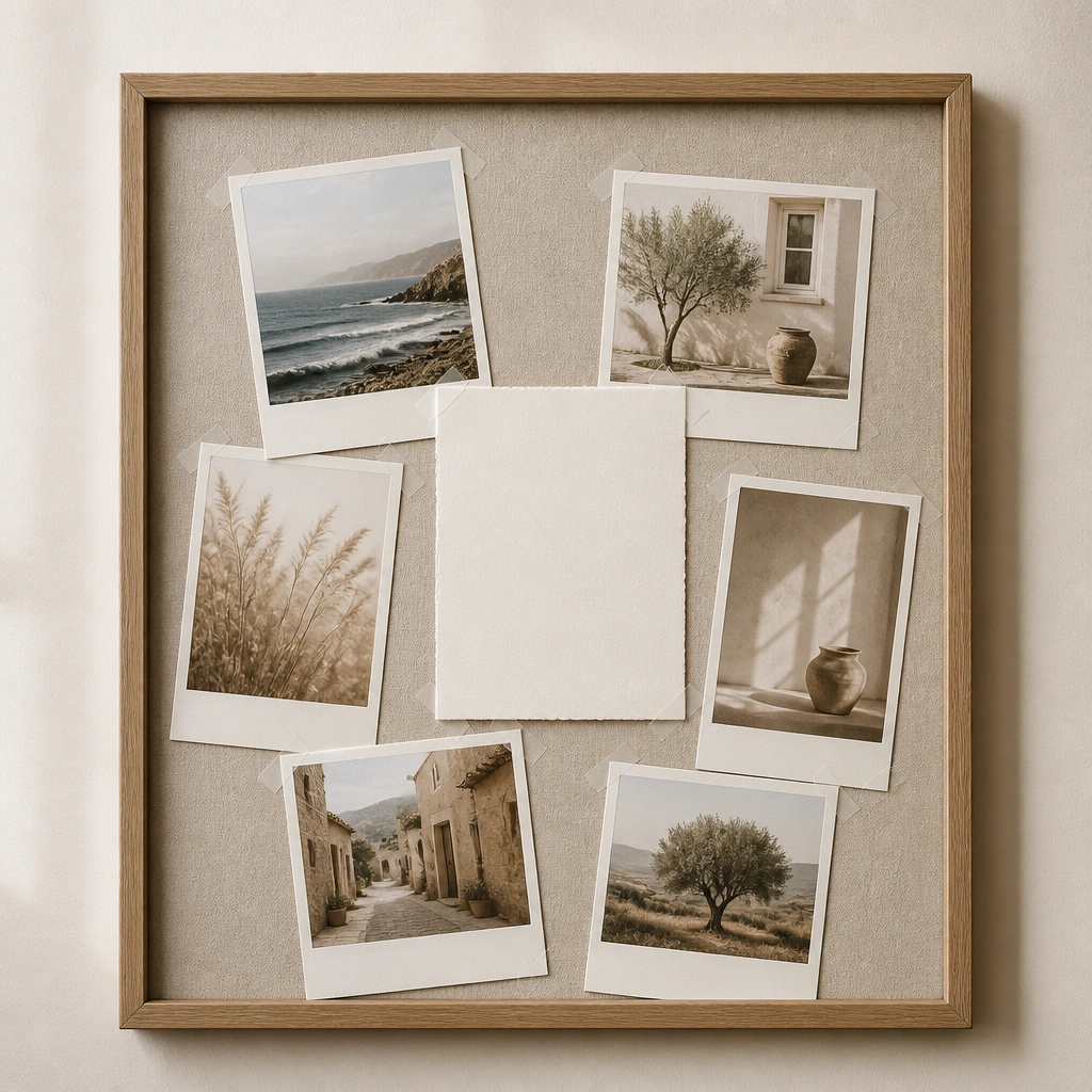 Beige felt stretched taut in a frame, with several Polaroid-style photos layered slightly overlapping, held by tiny clear tape tabs at the corners, and one centered quote card in off-white.