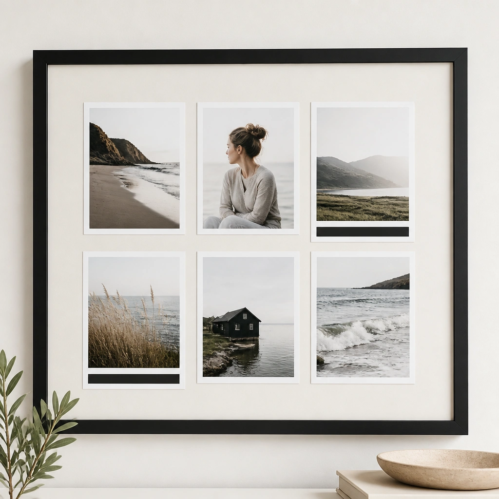 A matte black picture frame containing a grid of 6 photos on cream mat board, with wide white borders around each image and thin black caption strips beneath two of them.