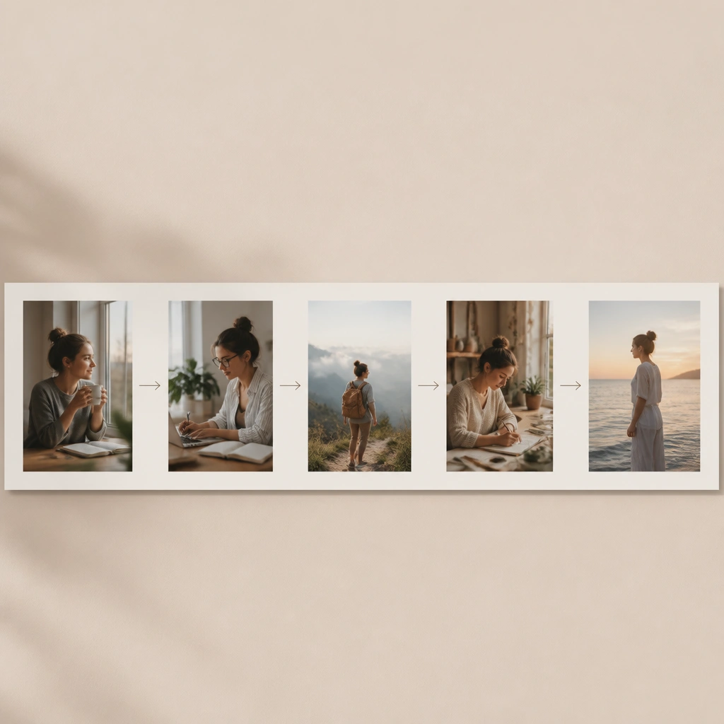 A long horizontal board with five evenly spaced photo panels, each labeled with small dates or phases: Now, Next, Soon, Later, Dream, with thin gray arrows pointing right.