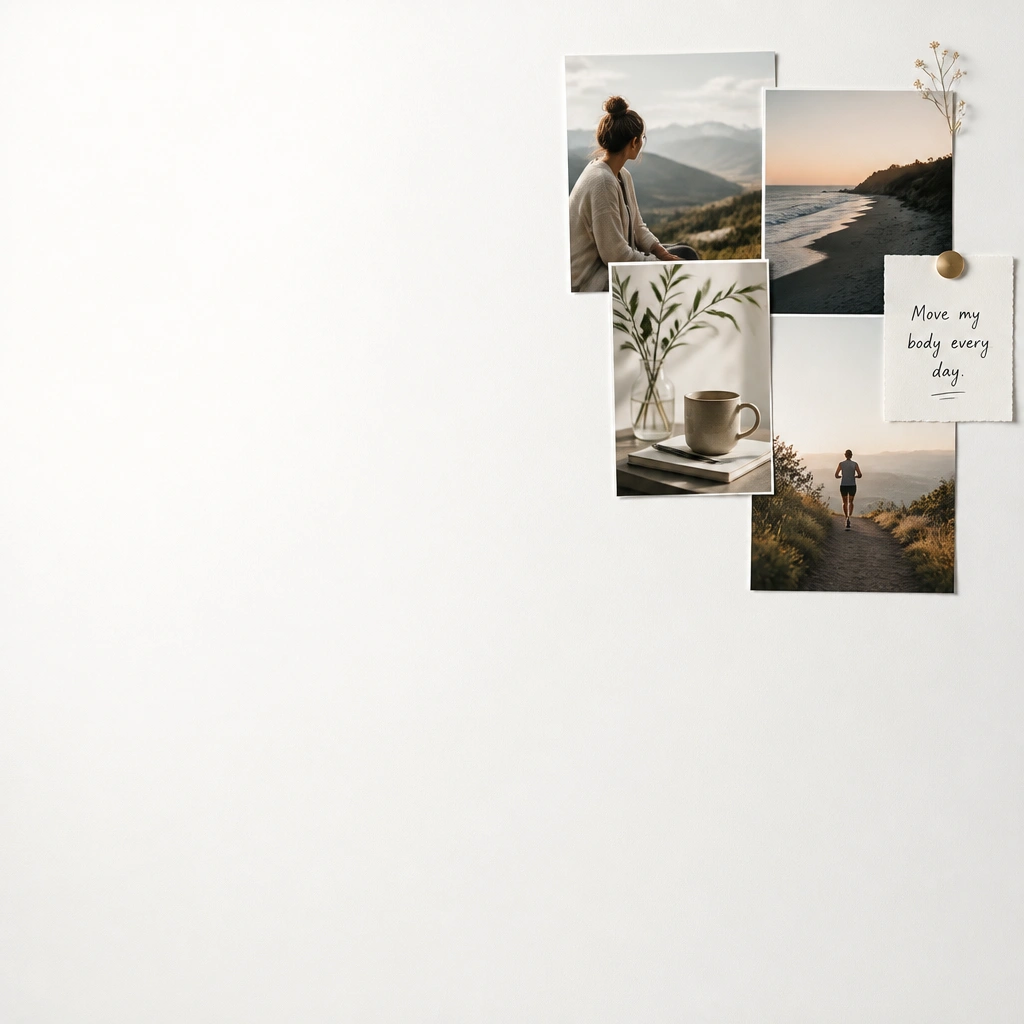 A mostly blank white board with a small collage cluster in the top-right corner: 4 photos overlapping slightly, a tiny icon, and one short handwritten goal, while the rest stays empty.