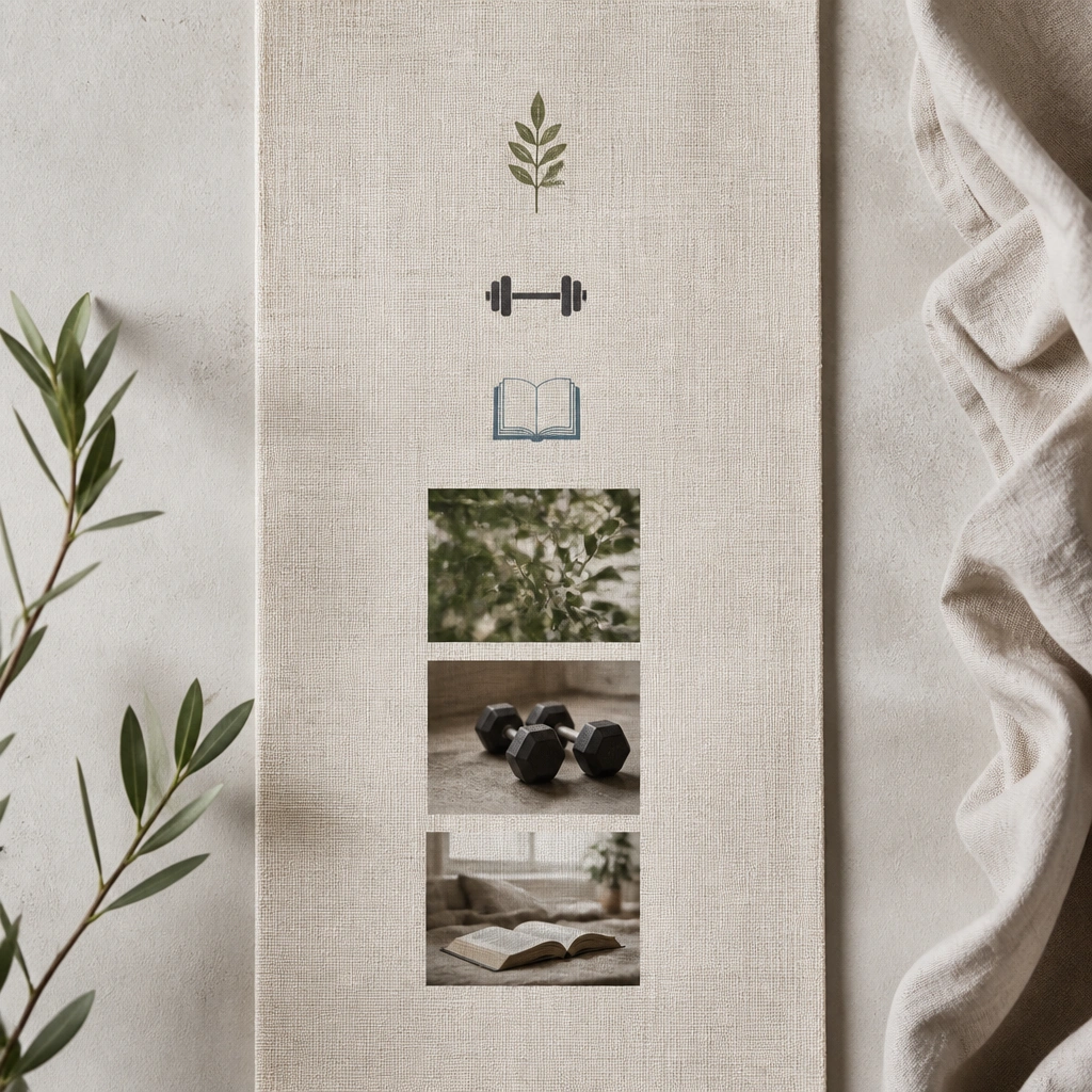 A linen fabric panel with a centered vertical column of small printed icons (a leaf, a dumbbell, a book) above three photo thumbnails, all aligned to the same center line.