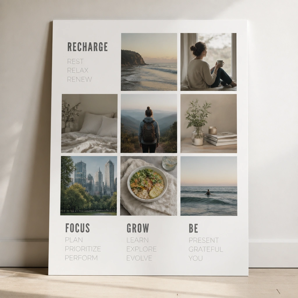 A white board with a 3x3 photo grid, and three larger word blocks in the remaining spaces, each word in a bold sans-serif with the rest in light gray thin lettering.