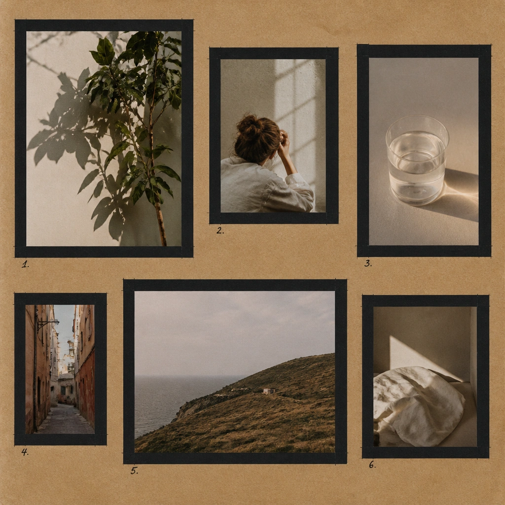 A kraft paper background with photos mounted in neat rectangles, each rectangle outlined by matte black tape, with small handwritten labels in black ink in the bottom corners.